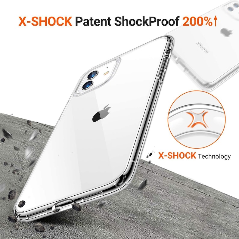 Puede incluir: Una funda transparente para tel&eacute;fono con un parachoques elevado alrededor de los bordes. La funda est&aacute; dise&ntilde;ada para proteger el tel&eacute;fono de ca&iacute;das y golpes. La funda est&aacute; hecha de un material flexible y tiene un acabado transparente. La funda se muestra sobre una superficie gris con peque&ntilde;os trozos de escombros esparcidos alrededor. El texto "X-SHOCK Patent ShockProof 200%&uarr;" es visible en la parte superior de la imagen. El texto "X-SHOCK Technology" es visible en la parte inferior de la imagen.