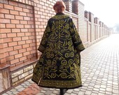 Unisex Uzbek Black Silk Coat Chapan Jaket Robe Decorated With Golden Embroidery