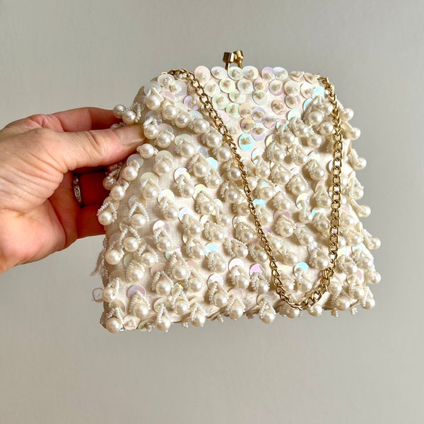 Cream Color Purse Evening Bag with Sequins and Pearls, Snap Closure, Chain Handle, Handmade in Hong Kong