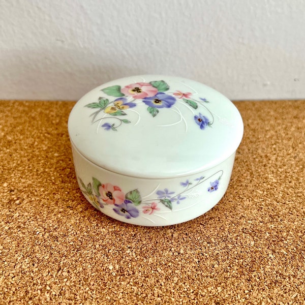 Vintage Round Porcelain Lidded Trinket Box, Floral Motif Small Jewelry Box by Russ, Japan