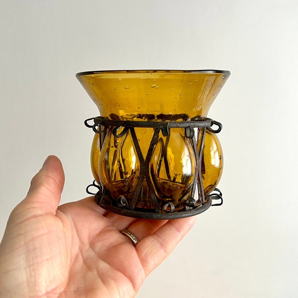 Vintage Handblown Amber Glass Vase/Candleholder in Metal Cage