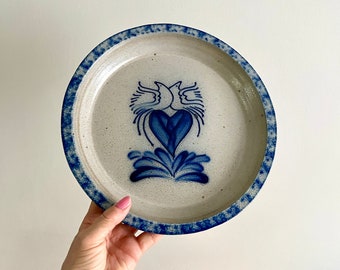 11"Di Eldreth Pottery Blue Salt Glazed Stoneware Pie Plate Heart & Doves Pattern, 1990