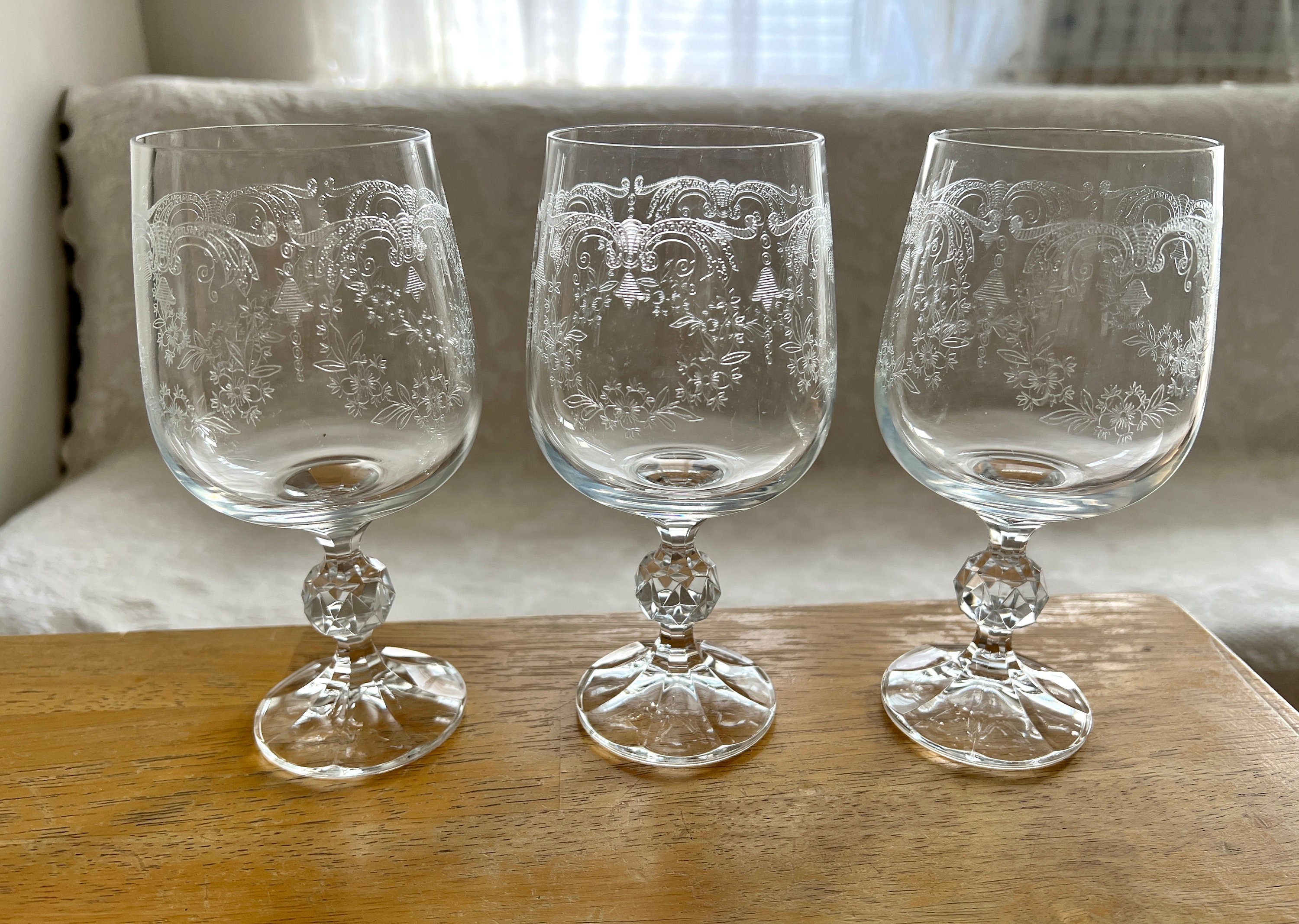 Bohemia Crystal Stem Wine Glasses Czechoslovakia Cascade Etched (Set of 6)