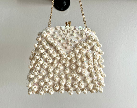 Cream Color Purse Evening Bag with Sequins and Pe… - image 2
