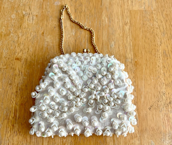 Cream Color Purse Evening Bag with Sequins and Pe… - image 4