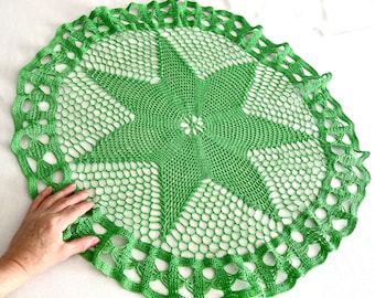 26"Di Hand Crocheted Green Round Cotton Doily or Small Table Topper