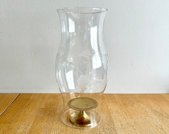 Brass Candle Holder with 11.5"H Etched Glass Hurricane/Candle Cover