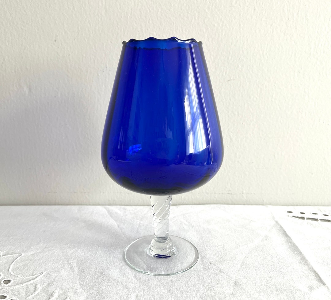 8h Blue Optic Ribbed Glass Goblet/vase, Clear Twisted Stem, Empoli