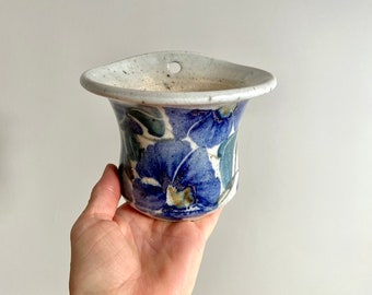 Vintage Stoneware Hand Painted Wall Planter, Ceramic Wall Pocket with Blue Floral Pattern Signed by Artist