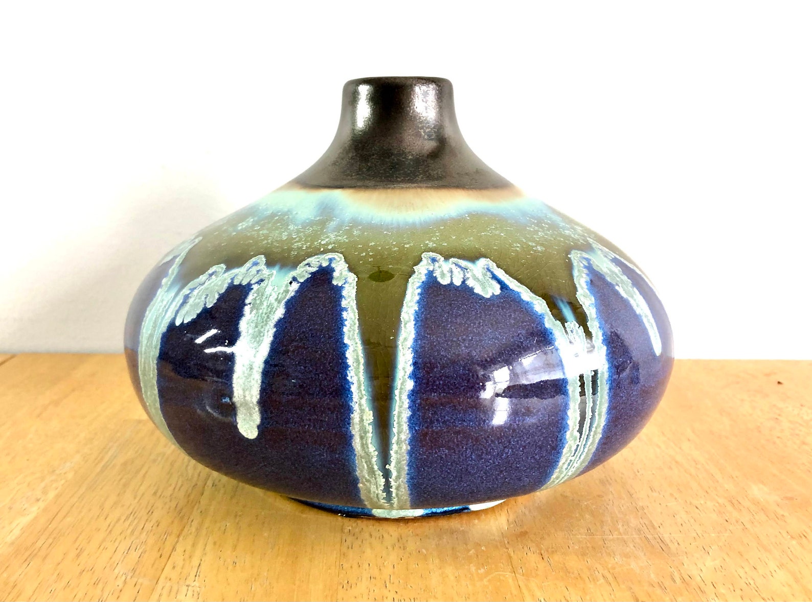 Vintage Art Pottery Bulb Drip Glaze Vase Weed Pot Cobalt Blue Etsy