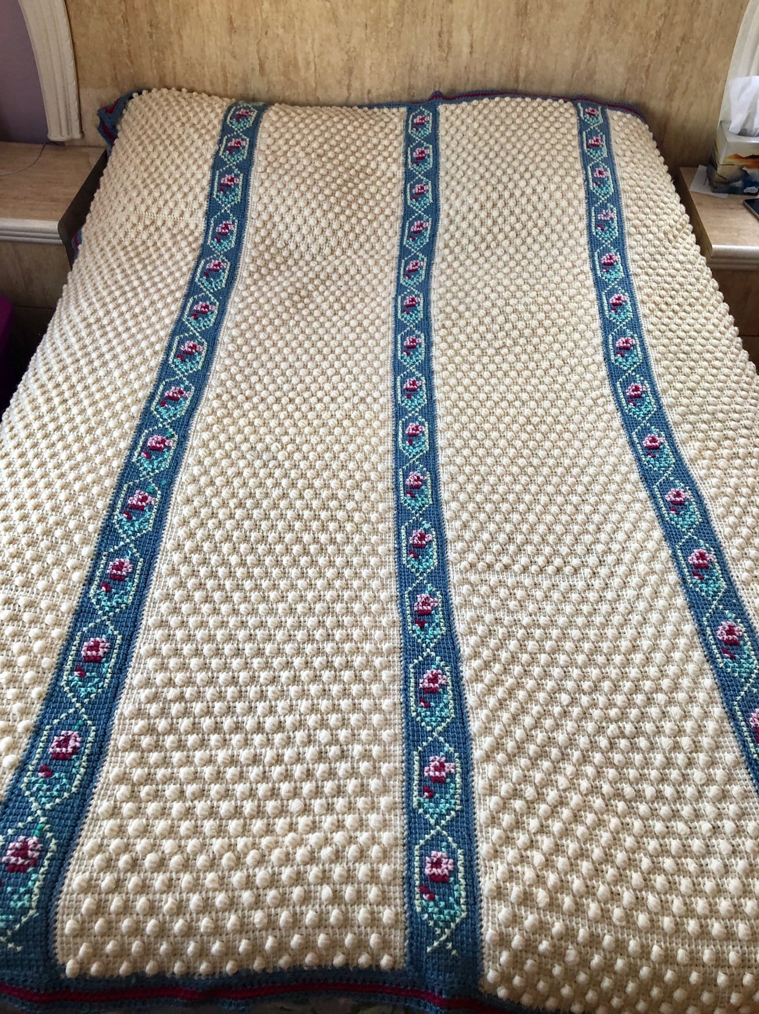 Vintage Knitted Beige Blue Bed Cover Blanket Throw Bedspresd Etsy