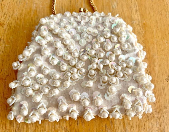 Cream Color Purse Evening Bag with Sequins and Pe… - image 5