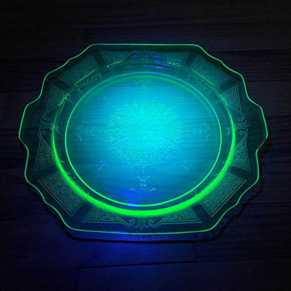 10"x 10" Uranium Glass Depression Glass Anchor Hocking Glass Princess Pattern Serving Plate with Handles