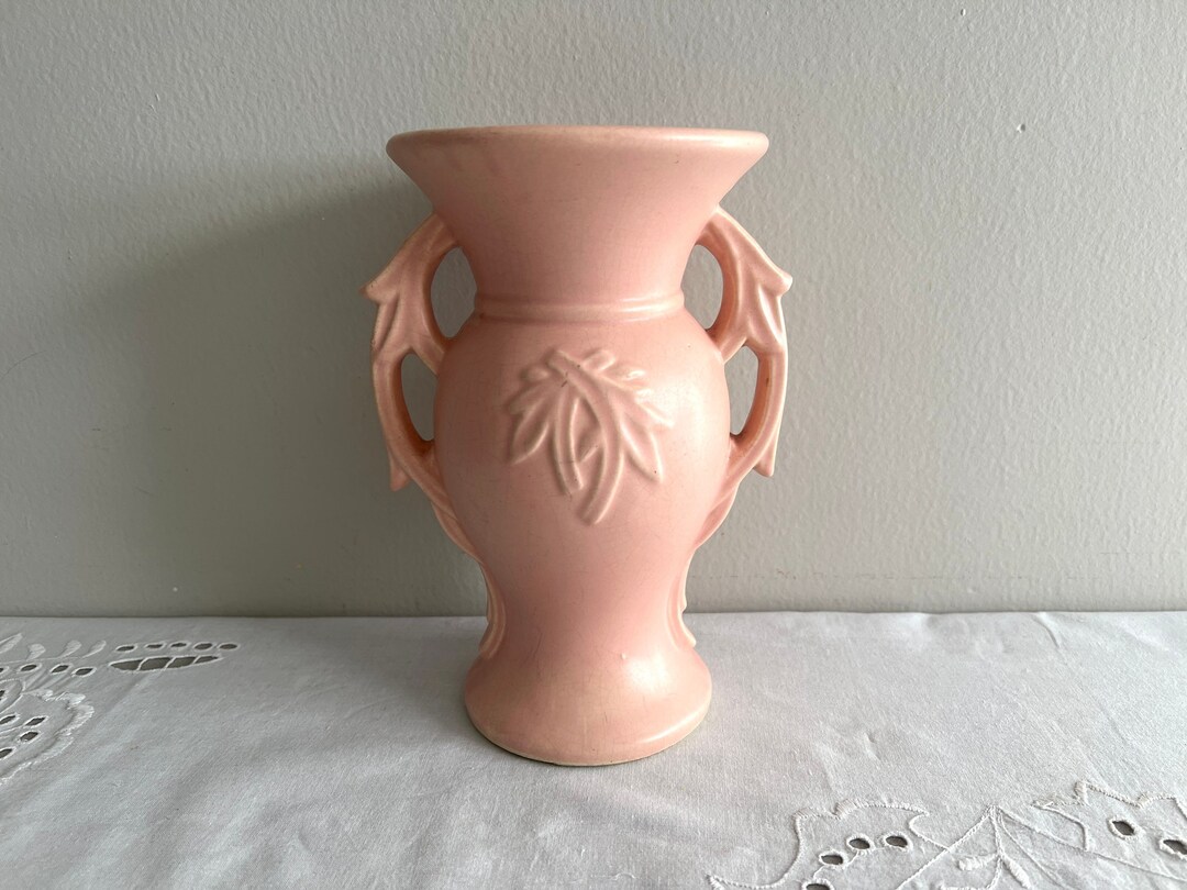 Vintage Mccoy Ceramic Vase Light Pink, Double Handled, Leaf Motif 1940