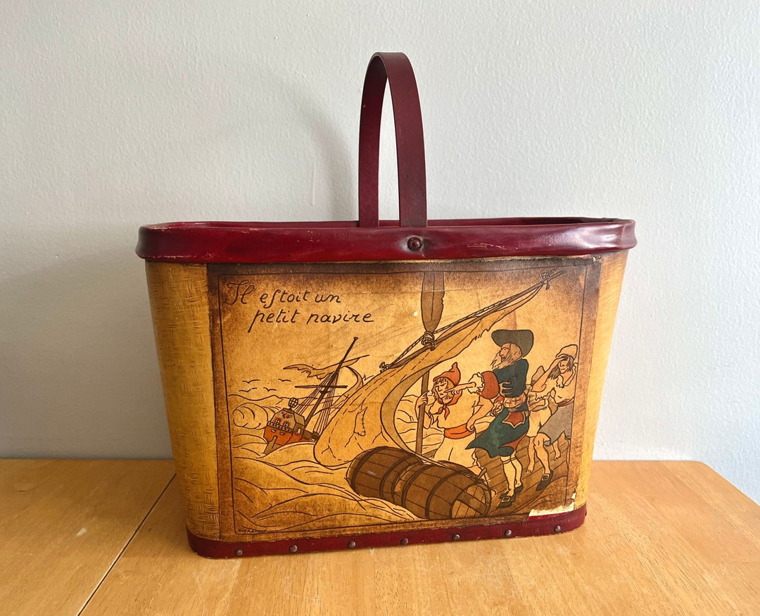 Vintage Wooden Basket With Handle, Magazine Holder, Organizer, Craft