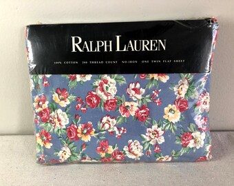 Vintage Ralph Lauren Home Collection Hope Blue Floral Twin Flat Sheet, 100% Cotton, 200 Thread Count, Made in USA