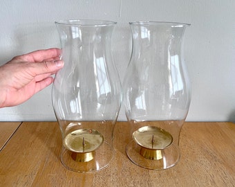 Pair of 11.5"H Clear Glass Hurricanes/Candle Covers with Brass Hosley Candleholders