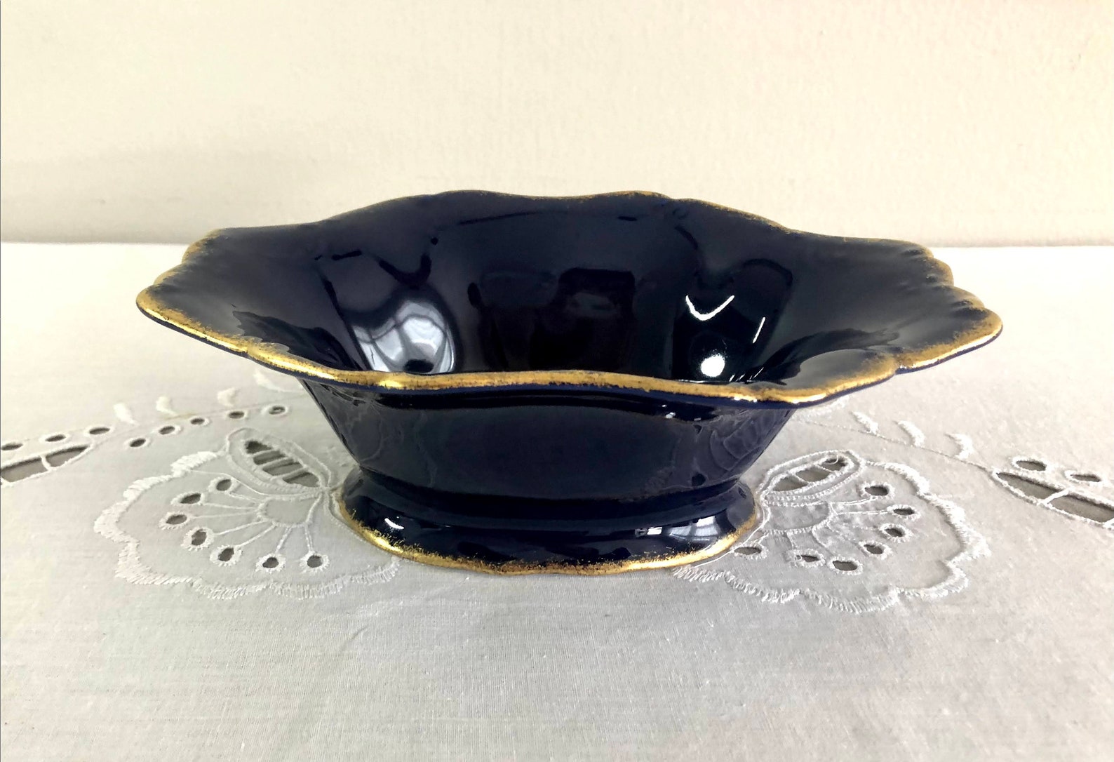 Vintage Lys Royal Limoges Porcelain Oval Blue Bowl White Etsy