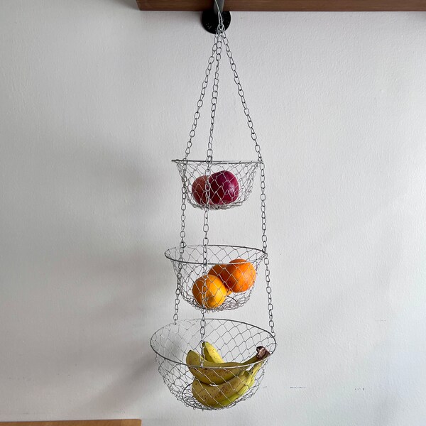 3 Tier Silver Wire Hanging Basket, Tiered Mesh Hanging Basket, Kitchen Storage Hanging Basket