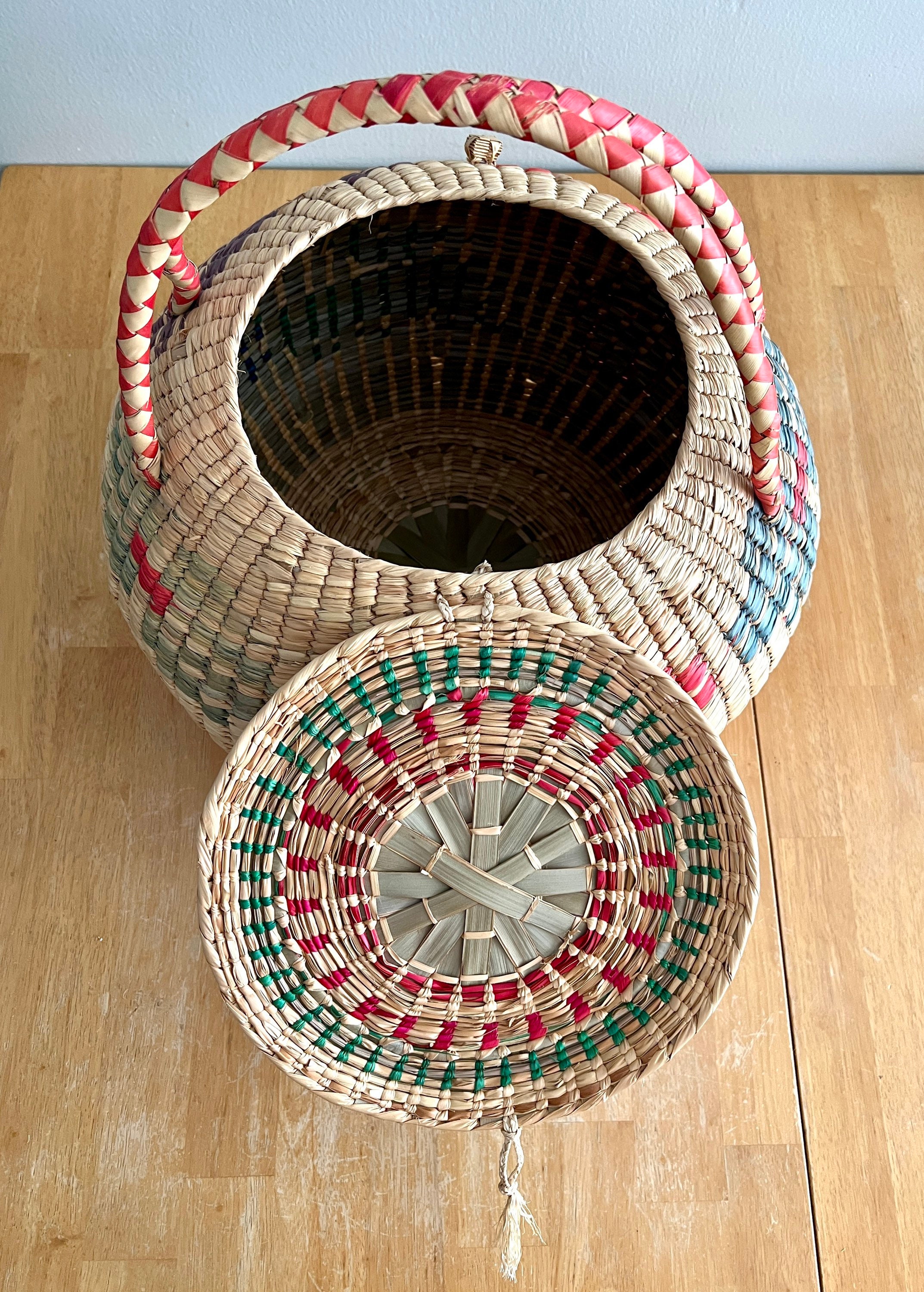 Vintage Large Coil Straw/grass Basket With Lid and Handles Etsy