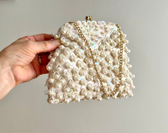 Cream Color Purse Evening Bag with Sequins and Pe… - image 1