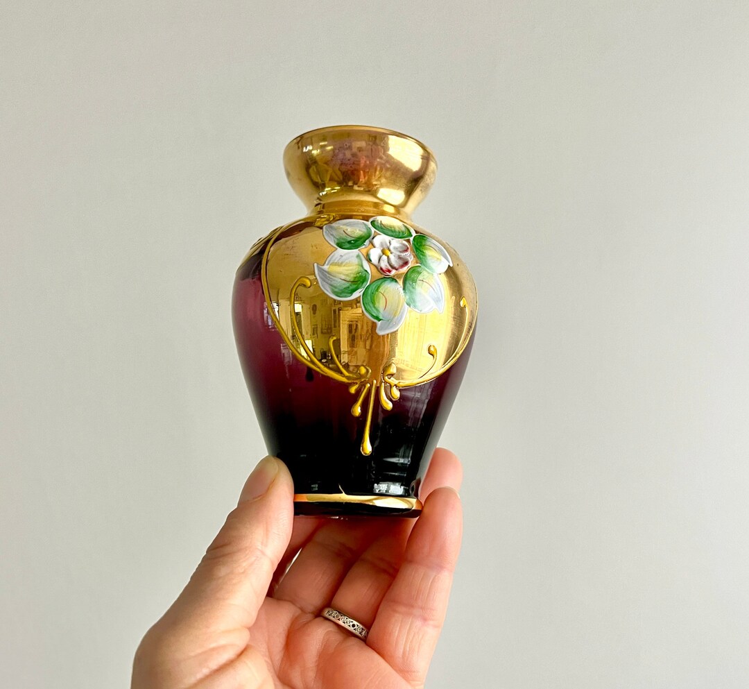 4.25h Vintage Czech Bohemia Small Purple Glass Vase With Hand Painted Floral Motif Etsy
