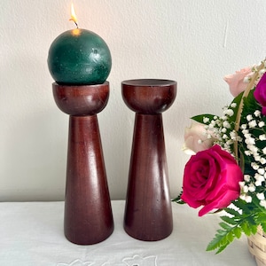 2 Dark Wood Tall Pedestal Candle Holders