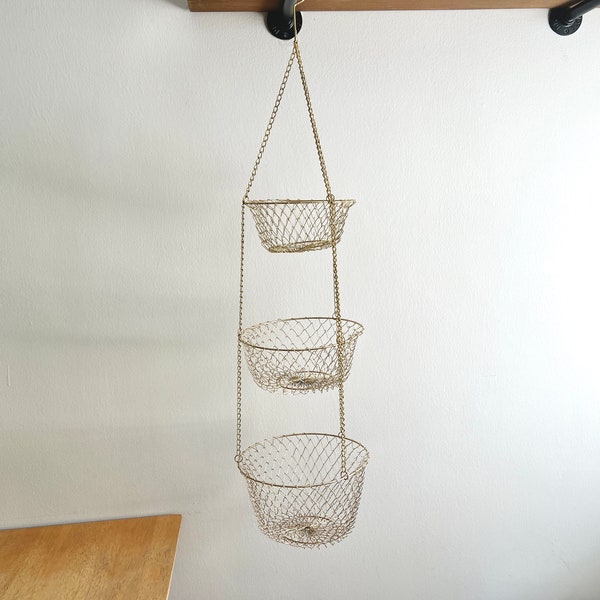 Vintage 3 Tier Wire Hanging Basket, Gold Tiered Mesh Hanging Basket, Kitchen Storage Hanging Basket