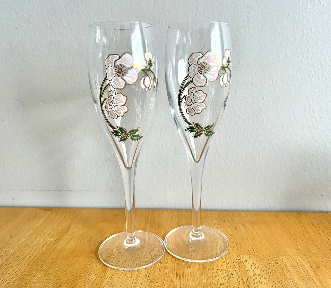 2 Vintage Perrier Jouet Champagne Glasses, Anemone Flowers Champagne