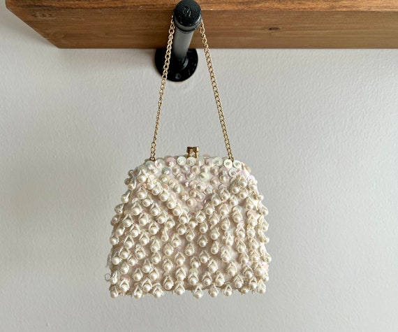 Cream Color Purse Evening Bag with Sequins and Pe… - image 3