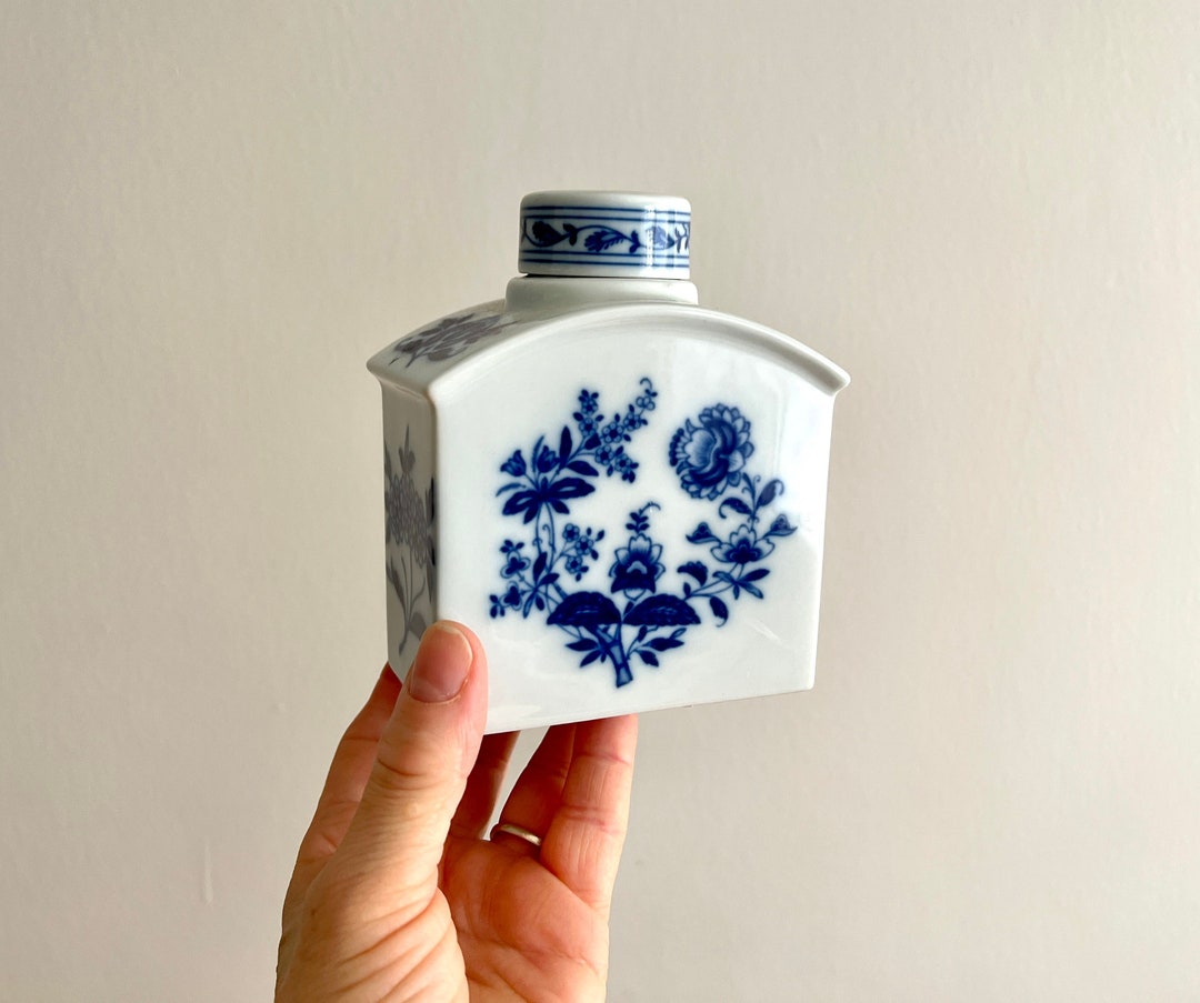 Vintage Porcelain Tea Caddy Blue & White Floral Pattern, Vista Alegre