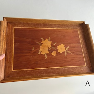 Vintage Inlaid Wood Tray with Floral Pattern and Handles, Farmhouse/Rustic Decor