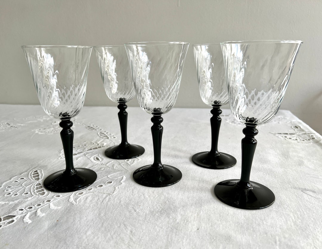 5 Vintage Luminarc Wine Glasses Black Stem Clear Optic Swirl Etsy