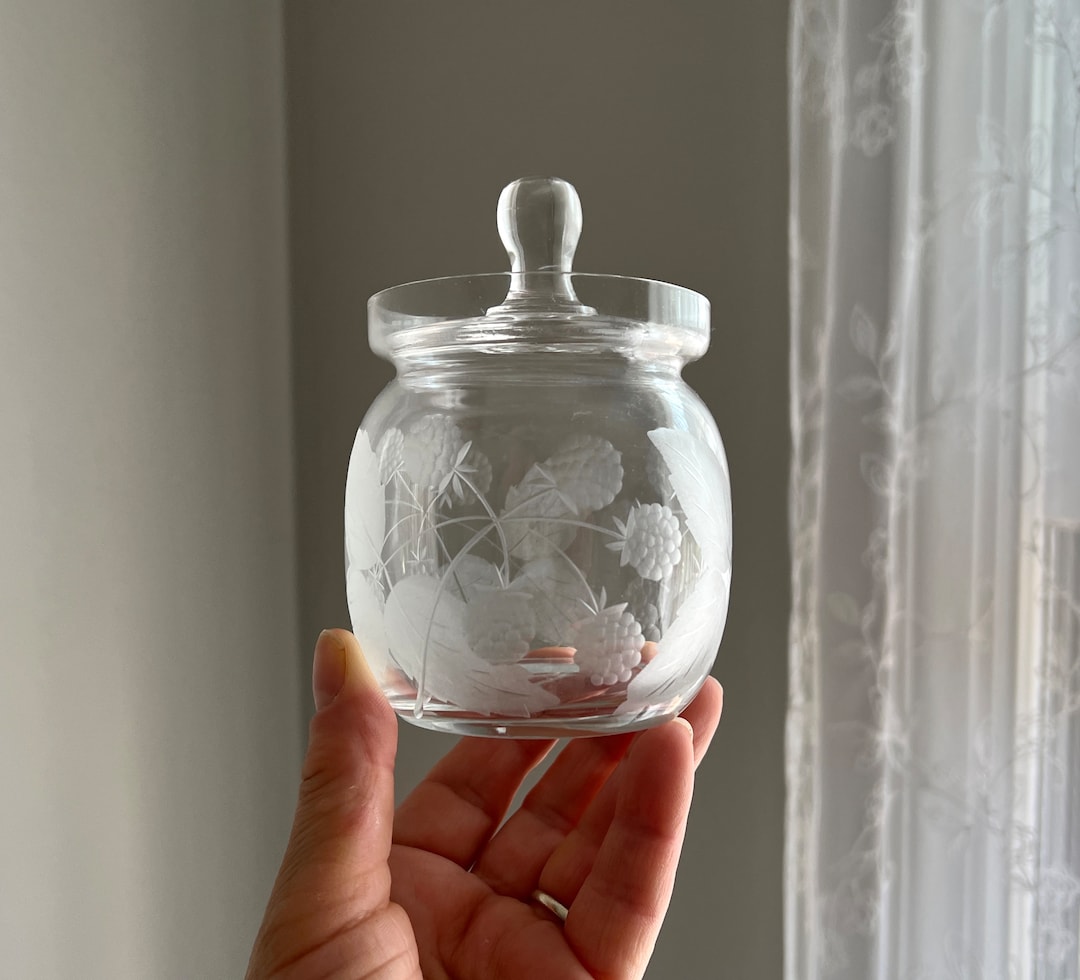 Vintage Cambridge Glass Mustard Jar With Etched Blackberry Pattern Etsy
