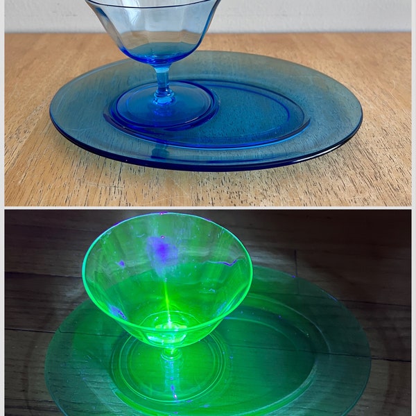 Blue Optic Glass Sherbet/Dessert Footed Bowl & Snack Plate,  Glows Under Black Light