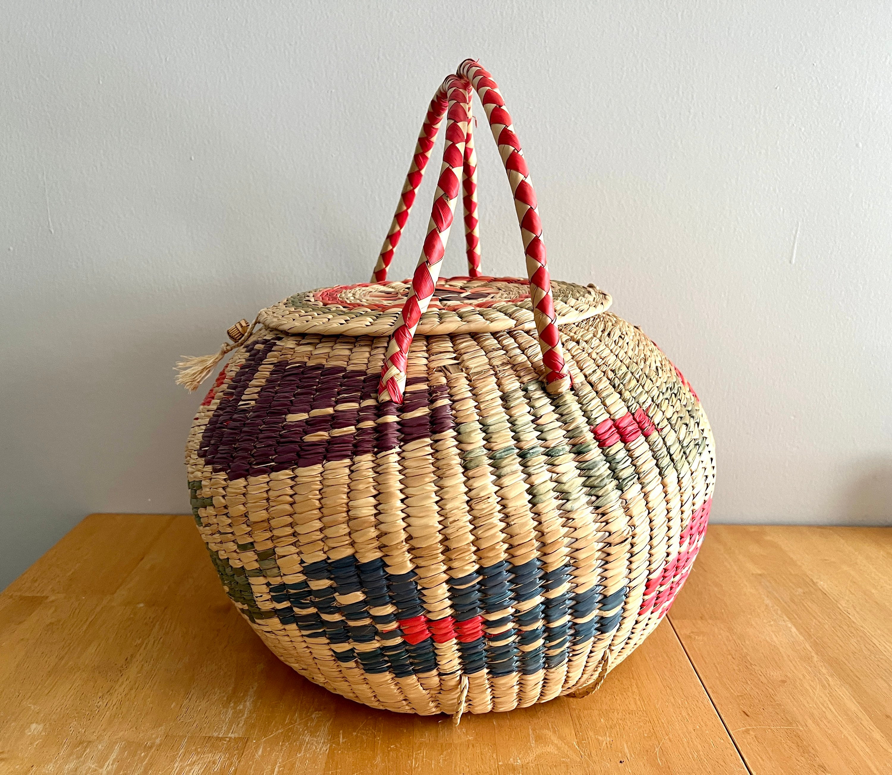 Vintage Large Coil Straw/grass Basket With Lid and Handles Etsy