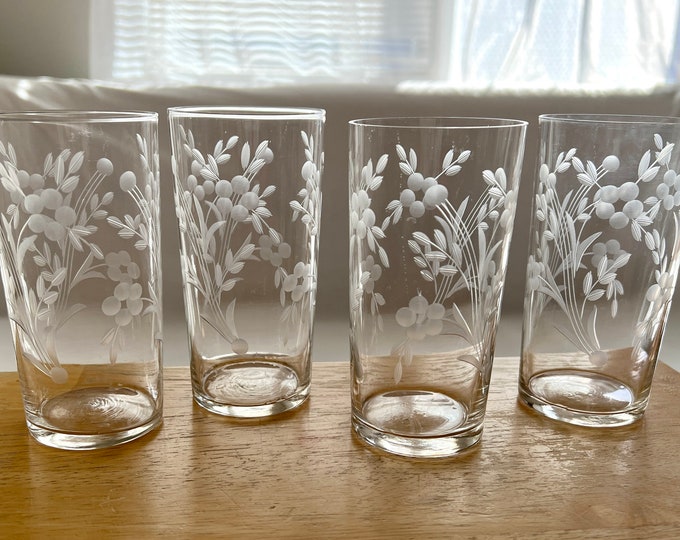 4 Vintage Etched Clear Glass Tumblers, Etched Drinking Glasses Etsy