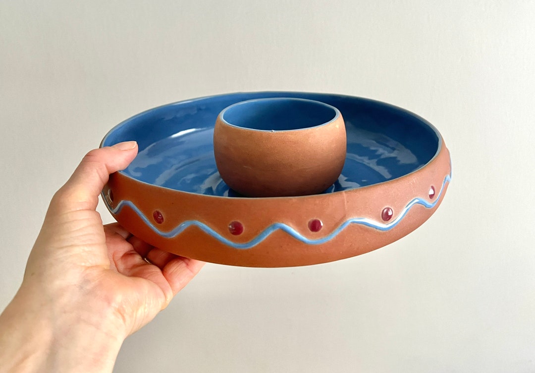 Vintage Terra Cotta Pottery Chip & Dip Set With Blue Glaze Inside, Made