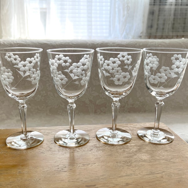 4 Etched Glass Water Goblet Glenmore Pattern by Libbey Glass Company