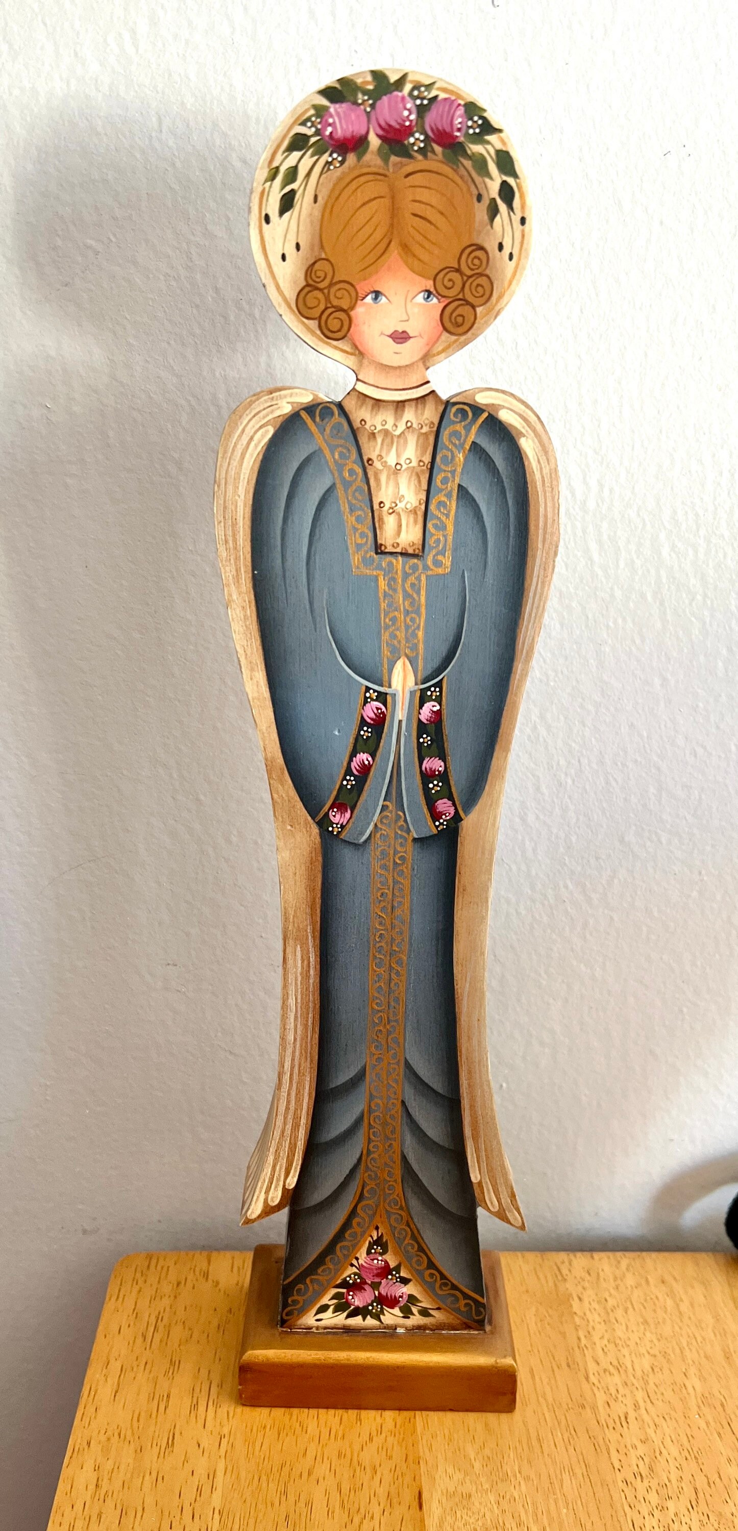 Vintage Hand Painted Wooden Angel Figurine Signed Handmade Etsy