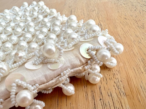 Cream Color Purse Evening Bag with Sequins and Pe… - image 10