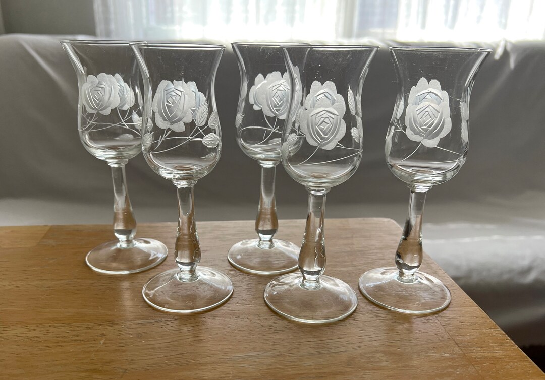 5 Vintage Etched Rose Flower Pattern 3.5oz. Sherry/liqueur/cordial ...