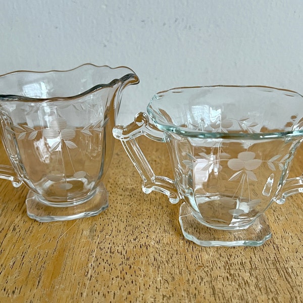 Art Deco Style Cherry Etched Optic Crystal Handles Creamer an Sugar Bowl