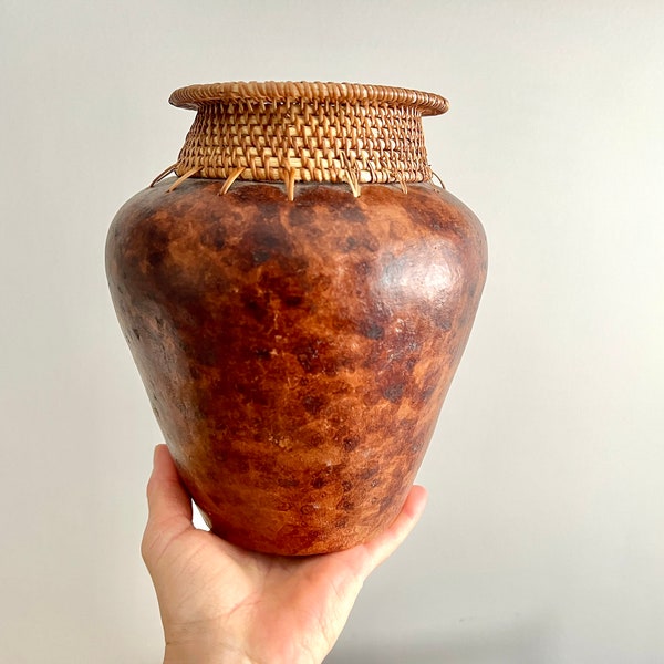 Vintage Brown Pottery Vase with Woven Wicker Rim