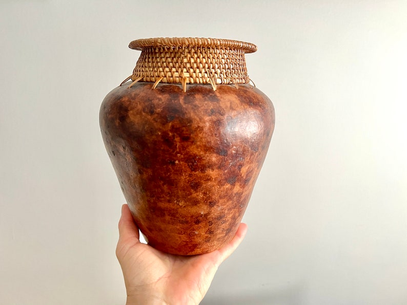 Vintage Brown Pottery Vase With Woven Wicker Rim Etsy