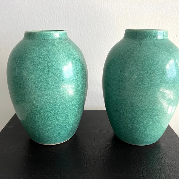 2 Turquoise Green Art Pottery 6.5"H Vases, Signed