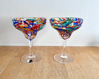 2 Hand Blown Pier 1 Colorful Confetti Style Margarita Glasses