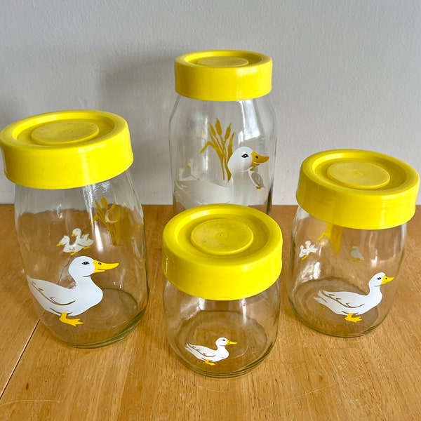 4 Vintage Carlton Glass Yellow & White Canisters with Duck Pattern, Yellow Plastic Lids, Kitchen Storage Jars