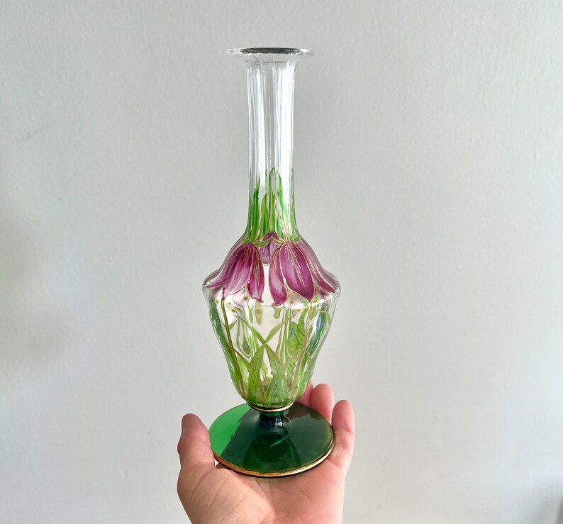 Vintage Clear Glass Vase With Hand Painted Purple Green Crown Etsy