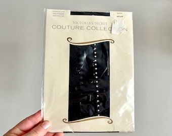 1 Pair Victoria's Secret Couture Collection Rhinestone Blackseam Pantyhose Medium Size, 100% Nylon, Made in England, NOS